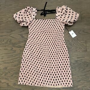 LPA Filomena Smocked Mini Dress Pink - Black Polka Dot Size Large NWT